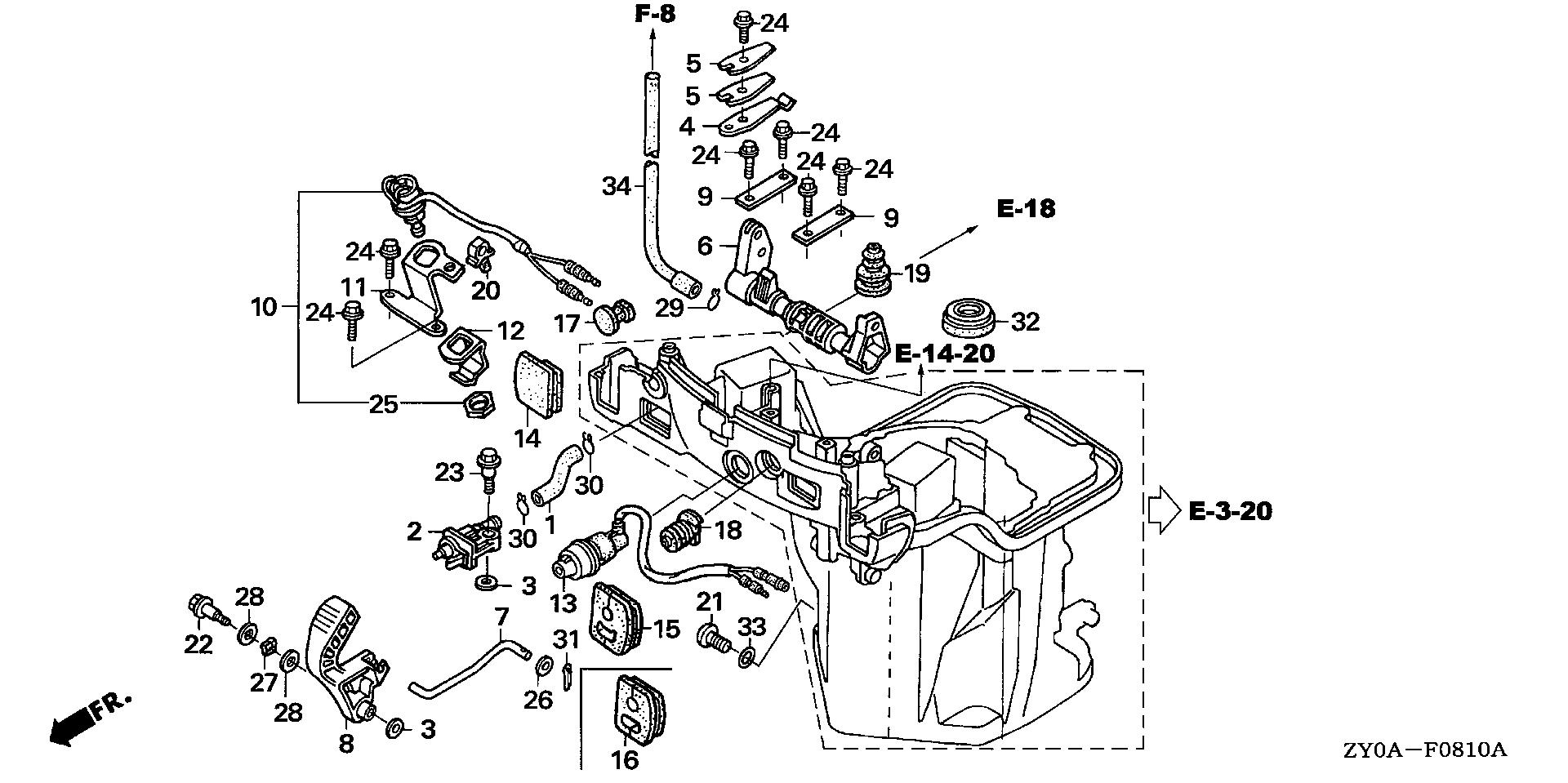 BF20 BF20D5 oil case - shift shaft     (handle specification) exploded parts diagram with numbered part references