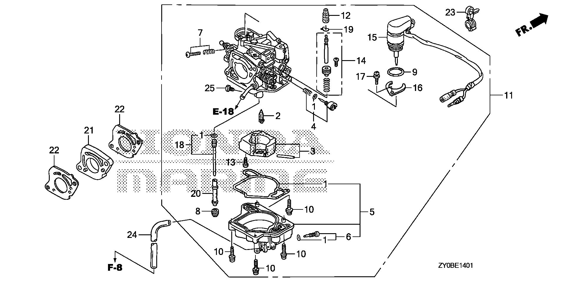 BF20 BF20DK2 carburetor (auto) exploded parts diagram with numbered part references