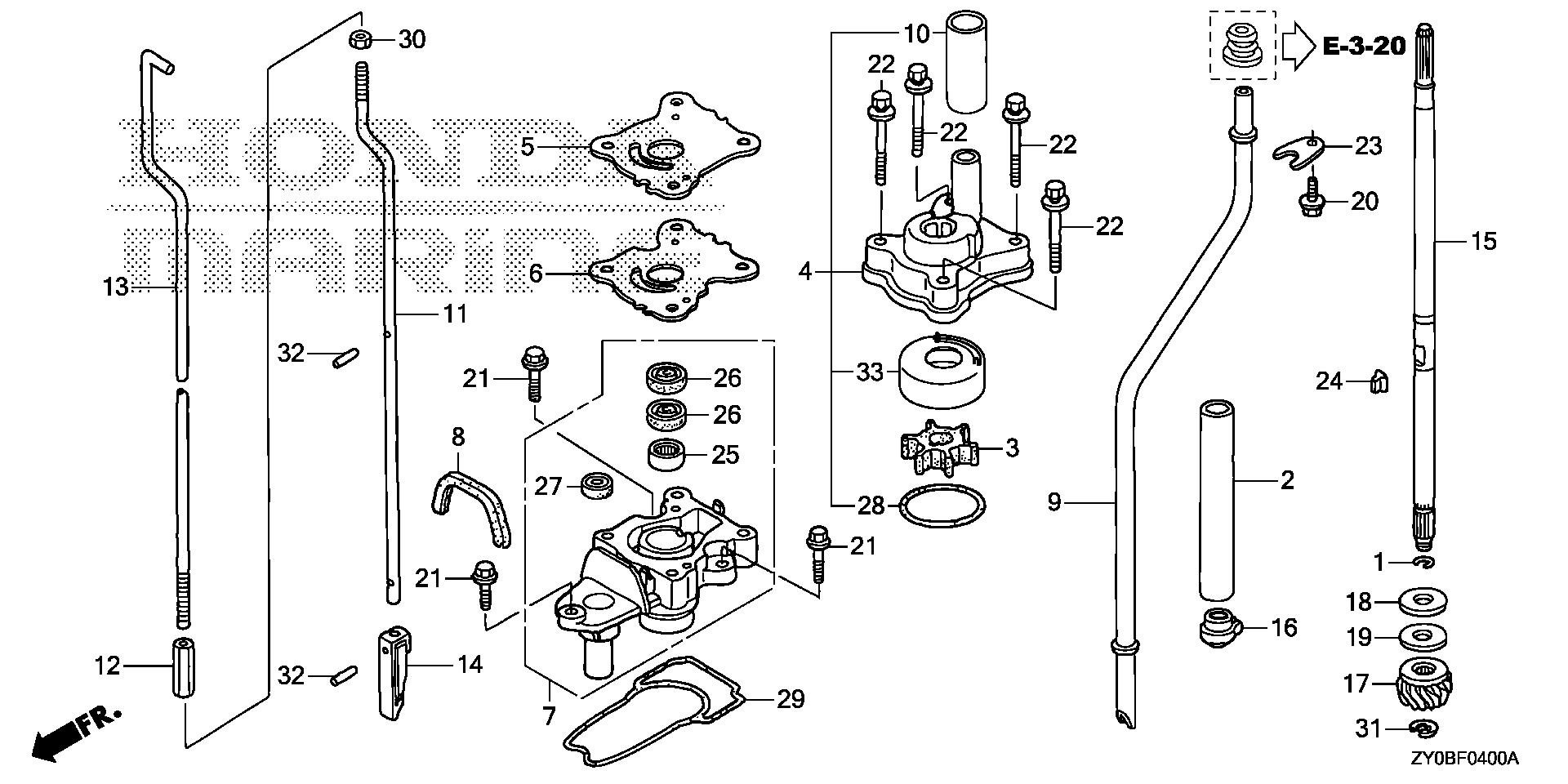 BF20 BF20DK2 water pump - vertical shaft (s,l) exploded parts diagram with numbered part references