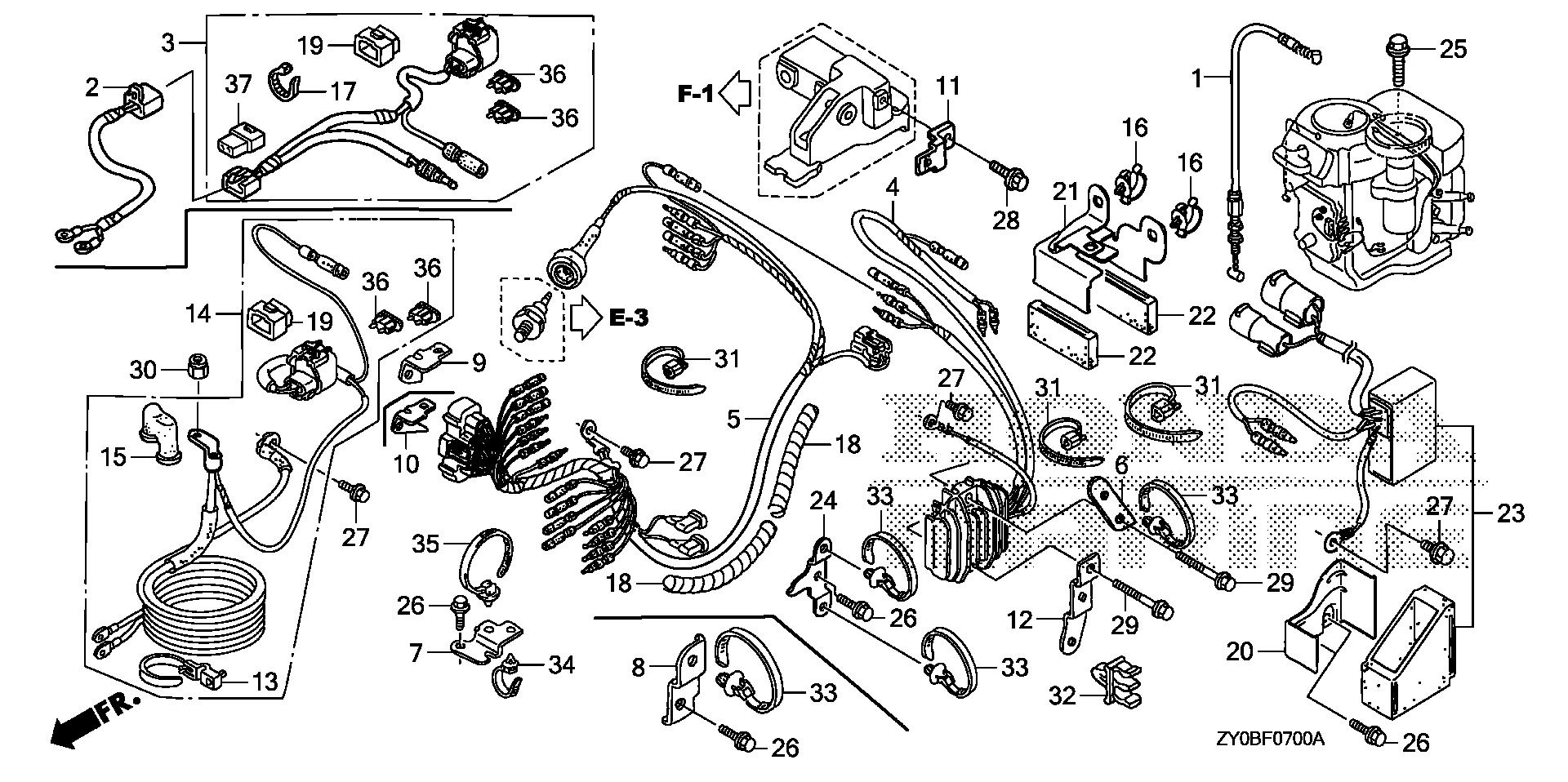 BF20 BF20DK2 wire harness - regulator    - starter cable (1) exploded parts diagram with numbered part references