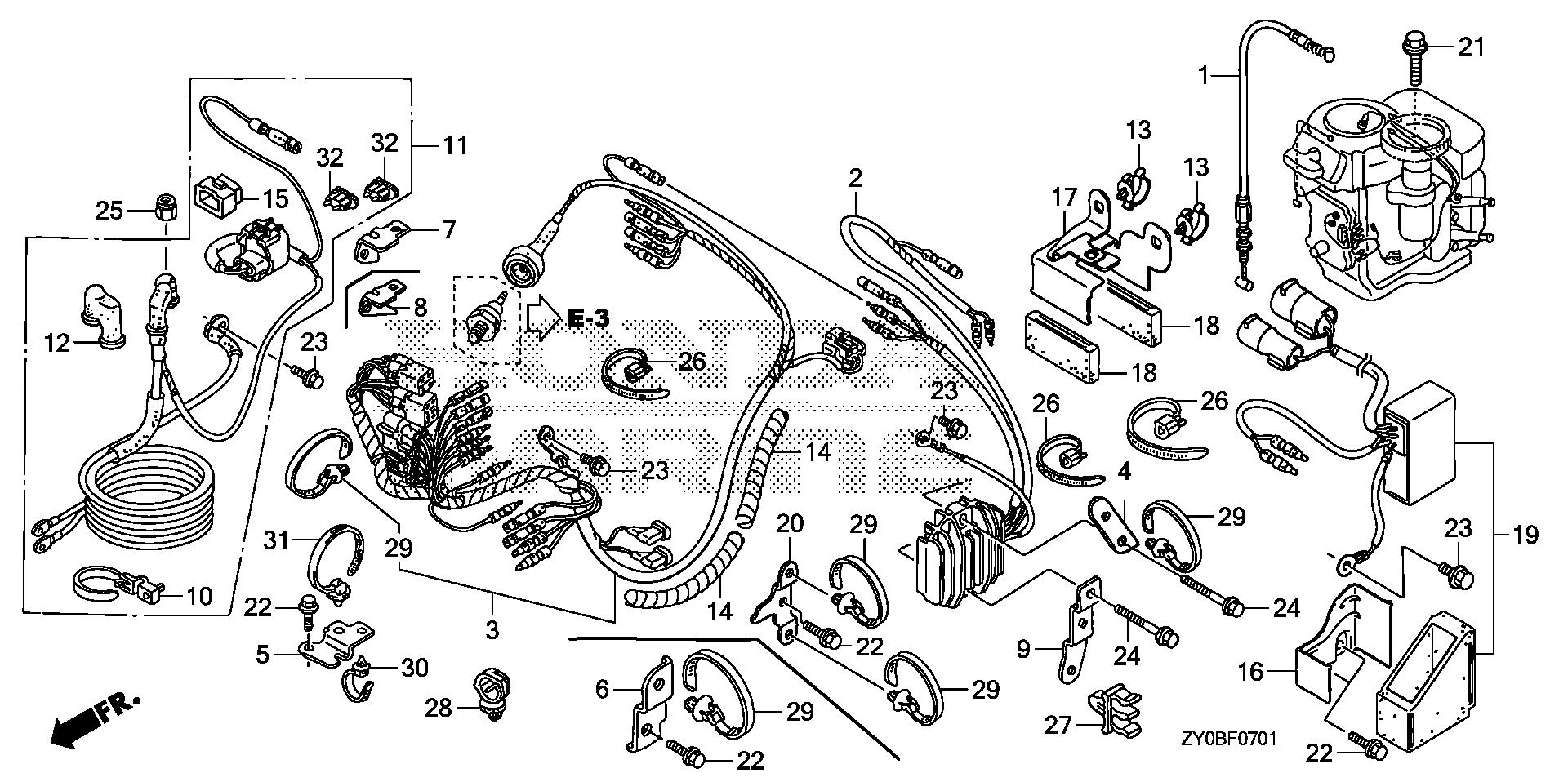 BF20 BF20DK2 wire harness - regulator    - starter cable (2) exploded parts diagram with numbered part references