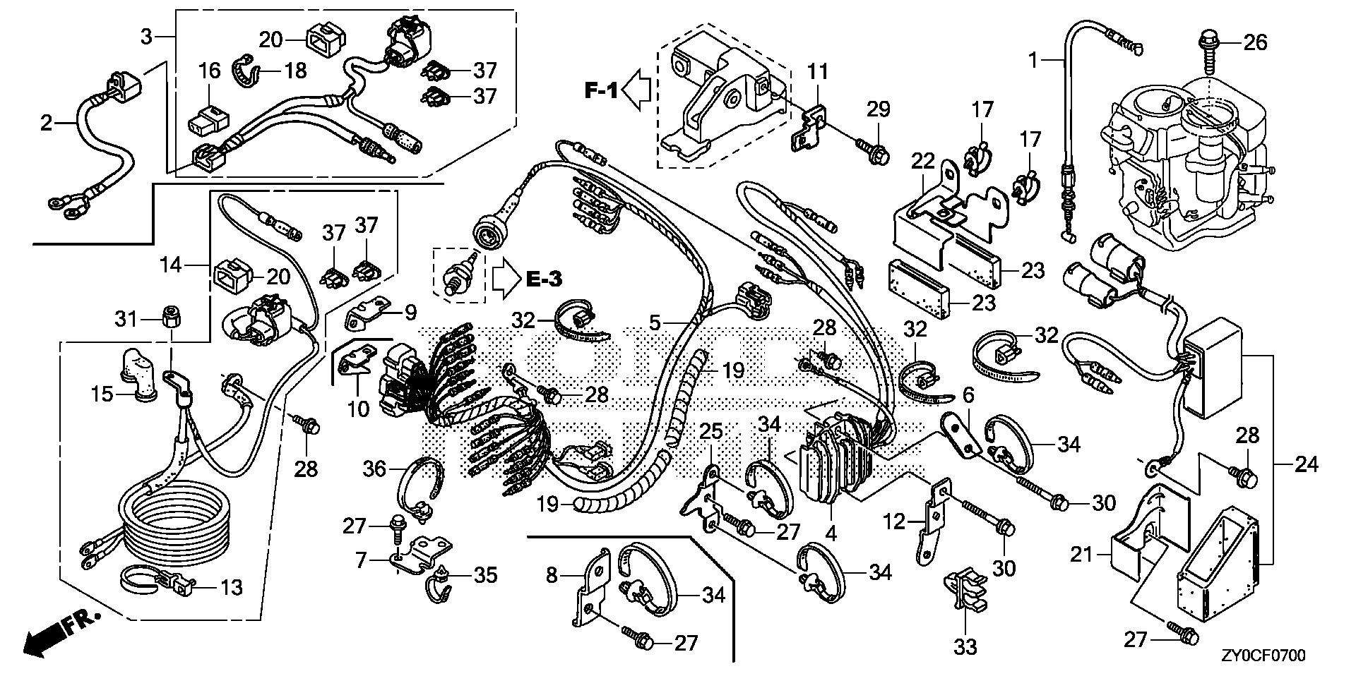 BF15 BF15DK3 wire harness - regulator    - starter cable (1) exploded parts diagram with numbered part references