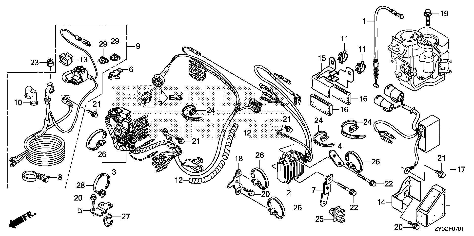 BF15 BF15DK3 wire harness - regulator    - starter cable (2) exploded parts diagram with numbered part references