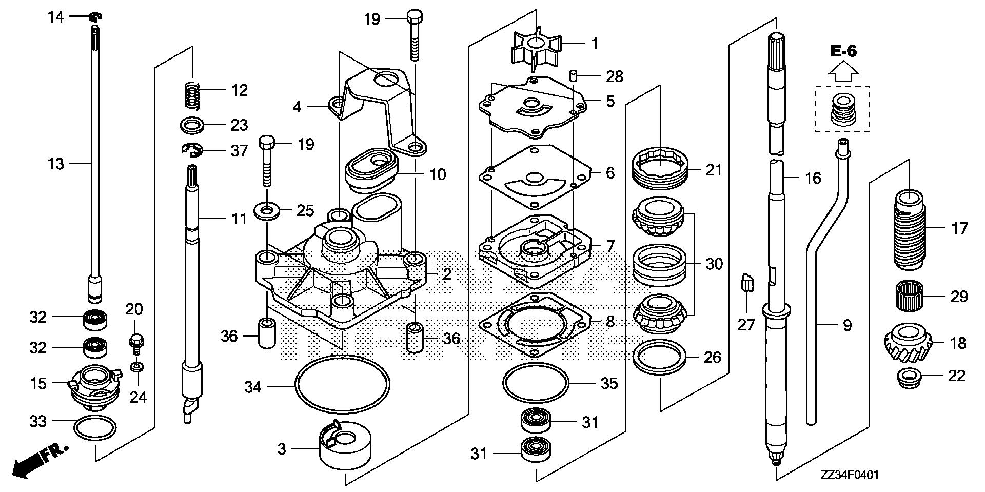 BFP60 BFP60A water pump (power thrust) exploded parts diagram with numbered part references