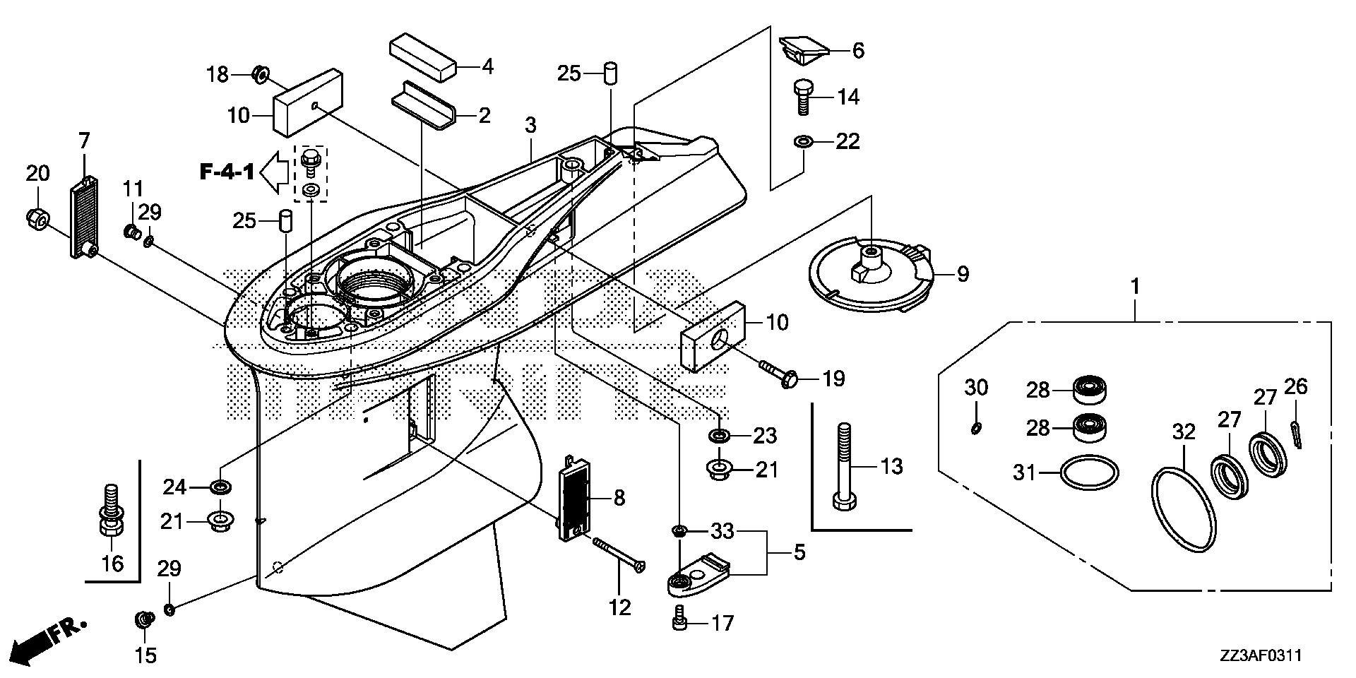 BFP60 BFP60AK1 gear case (2) exploded parts diagram with numbered part references