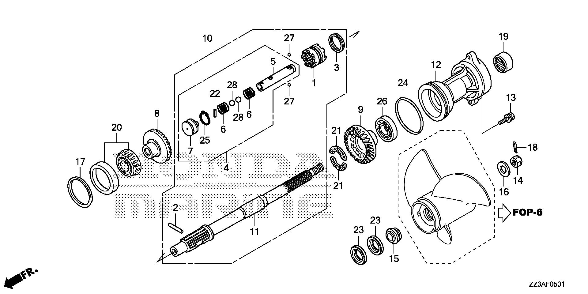 BFP60 BFP60AK1 propeller shaft (2) exploded parts diagram with numbered part references